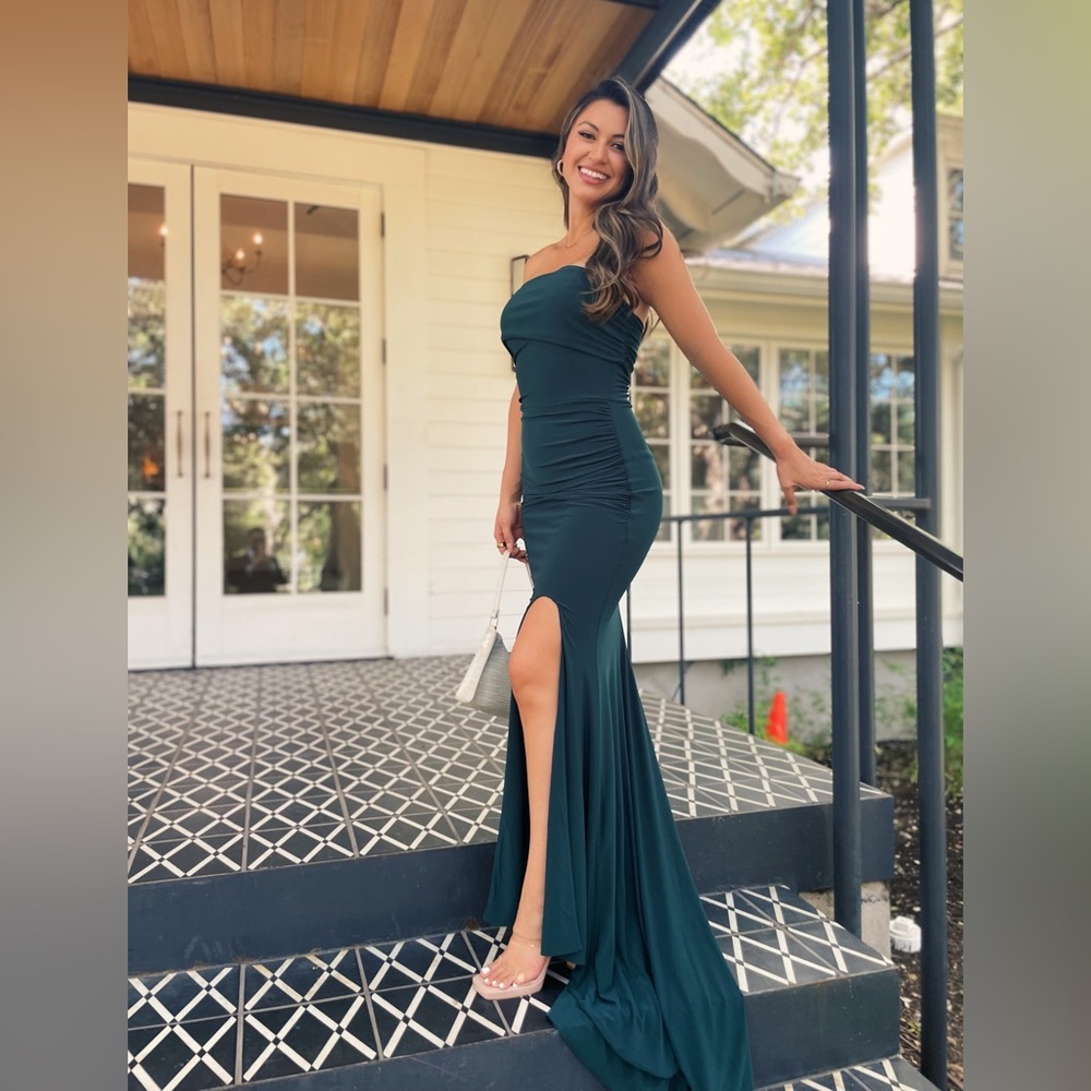 One Shoulder Bottle Green Evening Gown, EUC